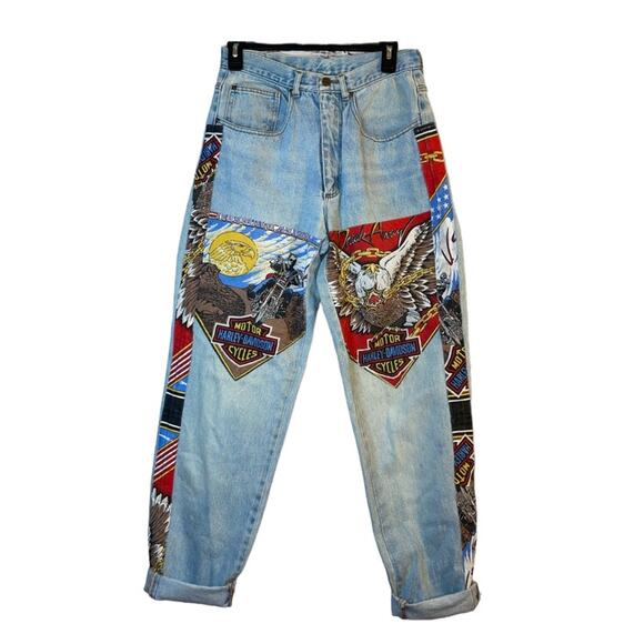 Harley Davidson Vintage Rare 100% Cotton Patch Straight Leg Jeans High Waist 32 - Picture 2 of 12